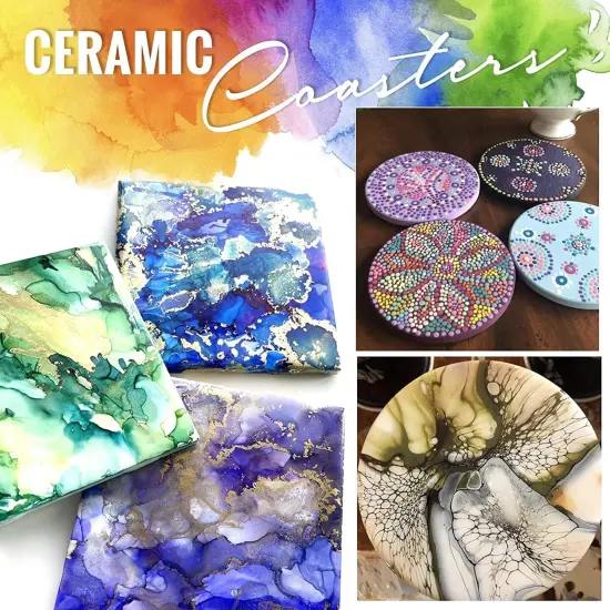 50 Blank Ceramic Tiles for Coasters and Mosaics - Round Ceramic White Tiles (Unglazed) with Cork Backing Pads for Use With Alcohol Ink or Acrylic Pouring {4}