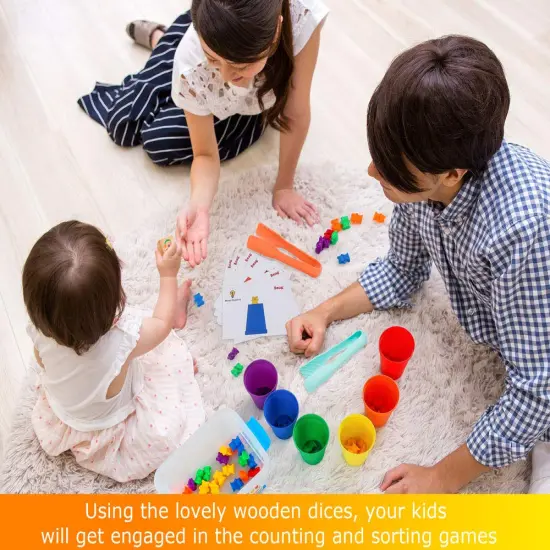 Counting Bears with Matching Sorting Cups,Pre-School Math Learning Games with 2 Dices,Color Recognition STEM Educational Toy for Toddler Bonus Tweezers, Storage Box, Activity Cards {6}