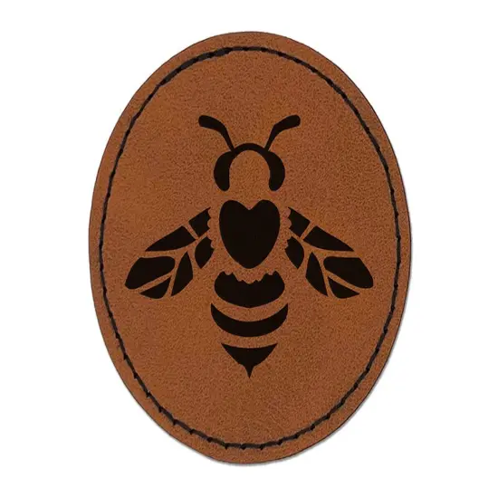 Cute Honey Bumblebee with Heart on Back Round Iron-On Engraved Faux Leather Patch Applique - 2.5" Brown {1}