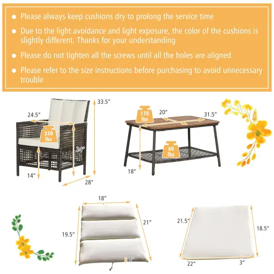 5 Pieces Patio Rattan Furniture Set Cushioned Sofa Armrest Wooden Tabletop-Off White {5}