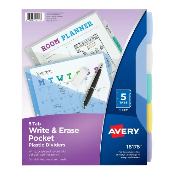 Write & Erase Durable Plastic Dividers with Pockets, 5-Tab Set, Multicolor, 3 Sets {4}
