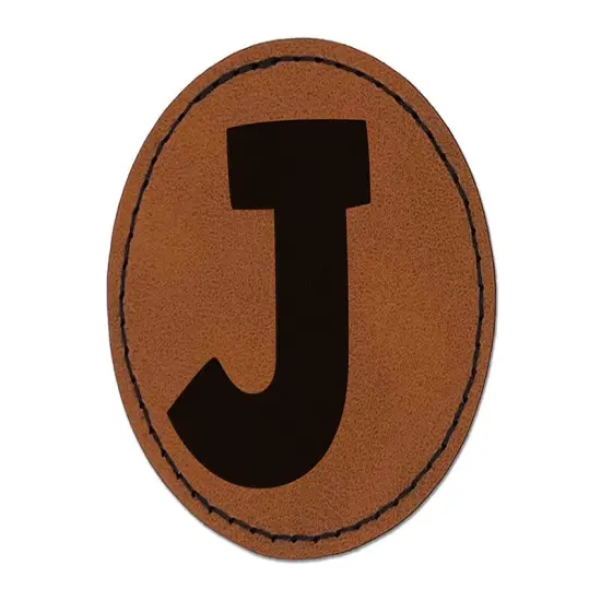 Letter J Uppercase Fun Bold Font Round Iron-On Engraved Faux Leather Patch Applique - 2.5" Brown {1}