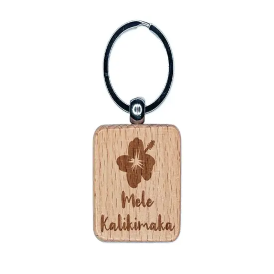 Mele Kalikimaka Hawaiian Merry Christmas Hibiscus Flower Engraved Wood Square Keychain Tag Charm {1}