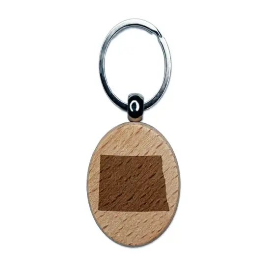 North Dakota State Silhouette Engraved Wood Round Keychain Tag Charm {1}