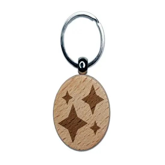 Shiny Sparkle Stars Engraved Wood Round Keychain Tag Charm {1}