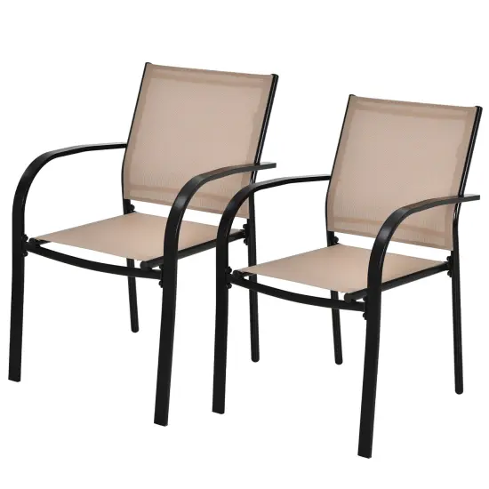 Set of 2 Patio Stackable Dining Chairs with Armrests Garden Deck-Brown {4}