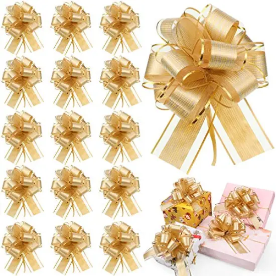 WILLBOND 20 Pieces Pull Bow Gift Wrapping Pull Bow Ribbon Pull Bows for Christmas Wedding Baskets Valentine's Day Bows Multicolor Ribbon Bow for Gift Wrapping (Gold, 6 Inch) {1}
