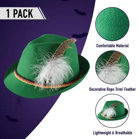German Oktoberfest Alpine Fedora - Bavarian Swiss Green Traditional Trachten Felt Costume Hat with Feather for Kids and Adults {5}