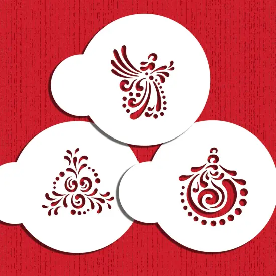 Fancy Holiday Cookie Stencil Set: Angel, Holly Bough, Christmas Ball | C582 by Designer Stencils | Stencils for Royal Icing, Airbrush, Dusting Powder | {1}