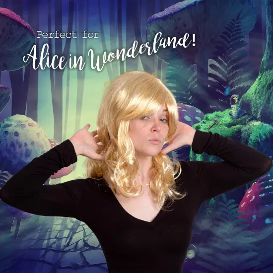 Curly Blond Wavy Wig - Long Curls Yellow Blonde Princess Goddess Wigs with Bangs for Kids and Adults {4}