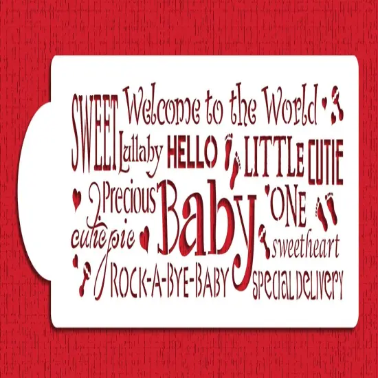Hello Baby Words Cake Stencil Side | C986 by Designer Stencils | Cake Decorating Tools | Baking Stencils for Royal Icing, Airbrush, Dusting Powder | Reusable Plastic Food Grade Stencil for Cakes | Easy to Use & Clean Cake Stencil {1}