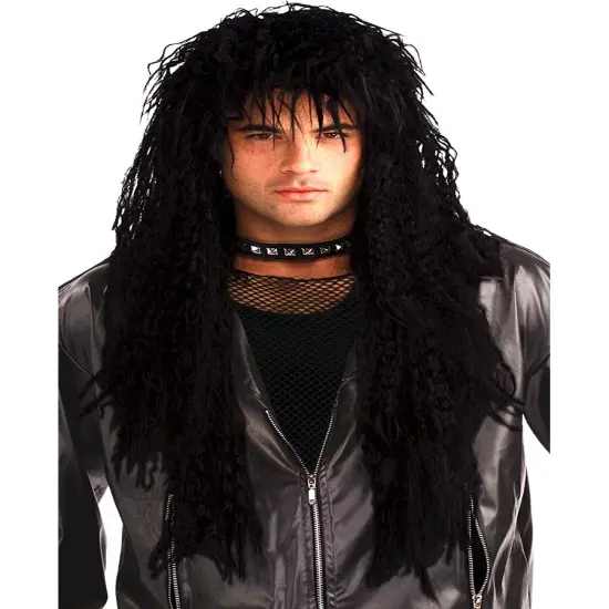 Black 80s Rock Band Rockstar Long Wig Costume Accessory {1}