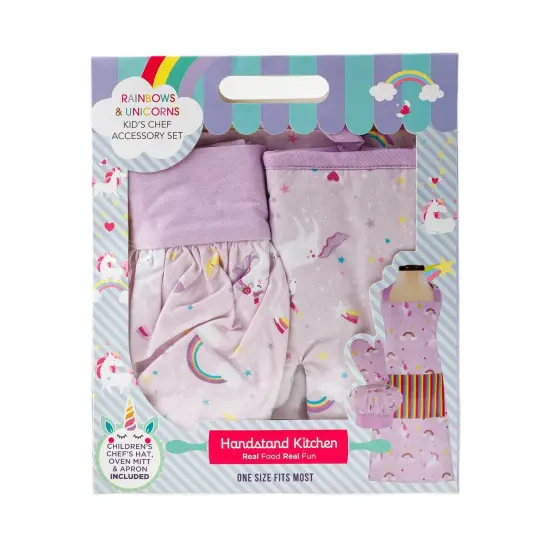 Handstand Kitchen Kid's 3 Piece Set Hat Oven Mitt Apron Rainbows & Unicorns {1}