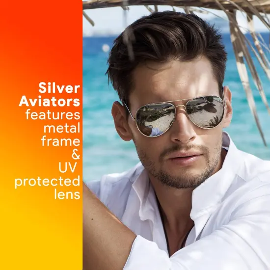 Silver Mirrored Aviator Sunglasses - Military Style Mirror Sun Glasses with Metal Frame and UV 400 Protection {2}