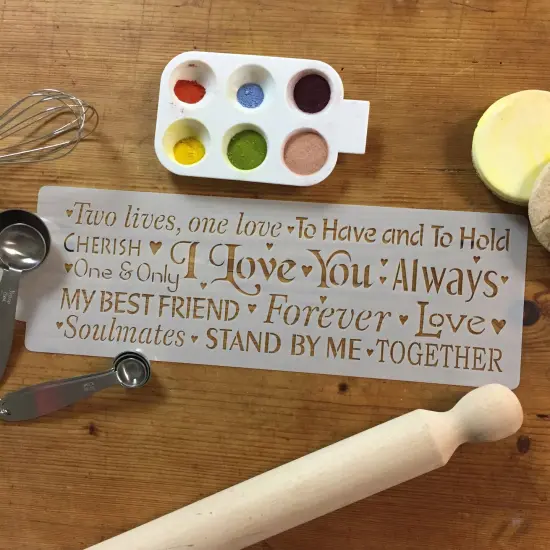 Words of Love Cake Stencil Side | C942 by Designer Stencils | Cake Decorating Tools | Baking Stencils for Royal Icing, Airbrush, Dusting Powder | Reusable Plastic Food Grade Stencil for Cakes | Easy to Use & Clean Cake Stencil {2}