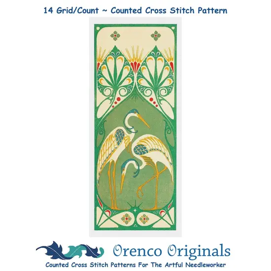 Art Nouveau Two Cranes Bird Design Counted Cross Stitch Pattern {1}