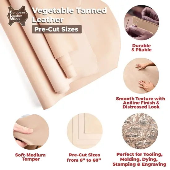 ELW Full Grain Cowhide Leather 4-5 oz [1.6-2mm] Thickness in Pre-Cut -&nbsp;AB Grade Hide Vegetable Tanned Leather Using for Tooling, Carving, Molding, Dyeing Material for Craft, Hobby, Workshop {5}