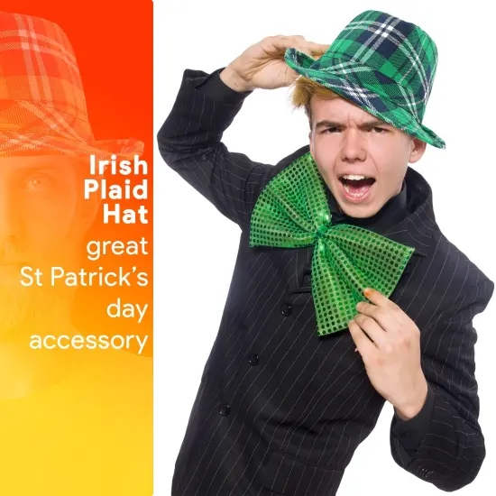 Irish Plaid Green Fedora - St. Patrick's Day Costume Accessories Leprechaun Hat for Men Women and Kids {2}