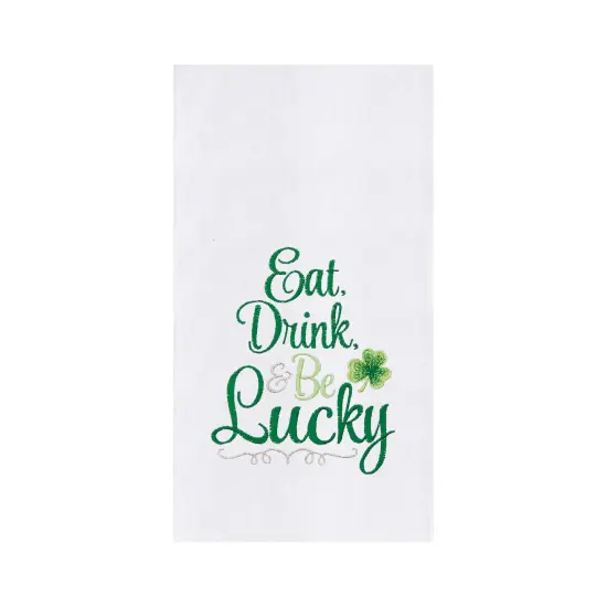 St. Patrick's Day "Eat Drink & Be Lucky" Irish Shamrock Clover Embroidered Flour Sack Kitchen Dishtowel {1}