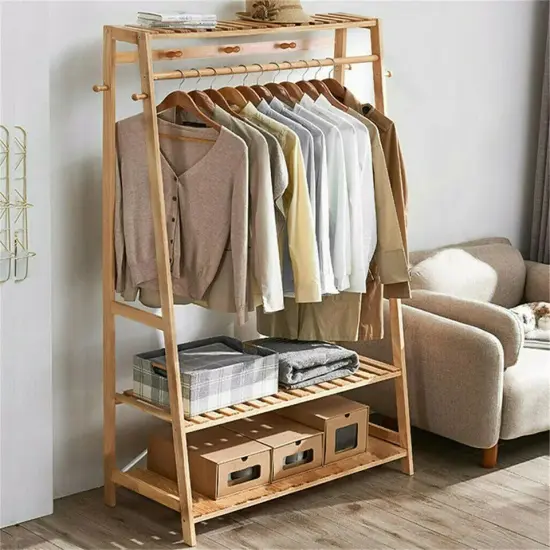 Bamboo Clothes Hanging Garment Rack Heavy Duty Laundry Rack Closet Storage Shelf {2}