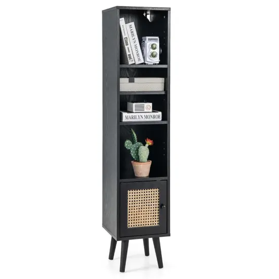 Costway Rattan Storage Cabinet Freestanding Slim Organizer Wood Display Rack Living Room Black/White/Natural {1}