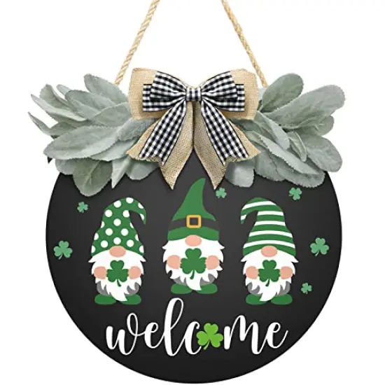 St Patrick's Day Welcome Sign Wreath For Front Door Decor Shamrock Hanging Door Sign Gnomes Pattern With Greenery & Bow Wooden Round St Patricks Day Decoration For The Home Farmhouse Decor 12x12 Inch {1}