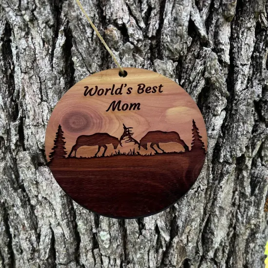 Worlds Best Mom Elk Battle - Cedar Ornament {2}