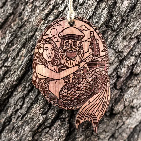 Mermaid and Pirate - Raw Cedar Ornament 3x3in {1}