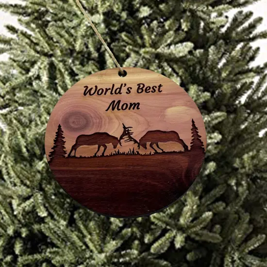 Worlds Best Mom Elk Battle - Cedar Ornament {1}