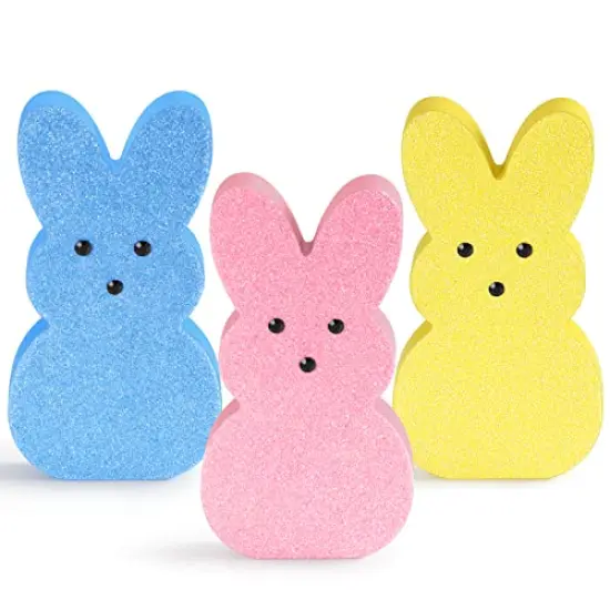 3 Pieces Glittery Easter Wooden Signs for Tiered Tray/Mantel/Table Decorations, Style of Peeps with 3D Eyes {3}