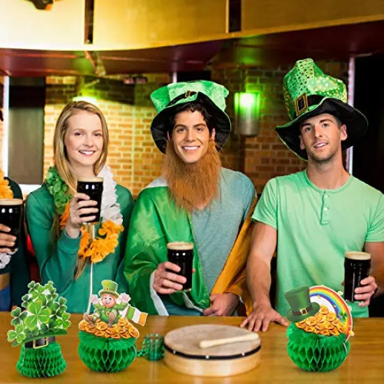 3 Pieces St Patrick Honeycomb Decoration, Cute Pot-O-Gold Centerpiece Shamrock Leprechaun Tissue Irish Clover Paper Table Topper for Saint Patrick Party Accessory 7.87-8.6 inch {4}