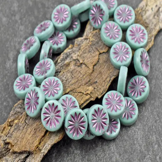 *15* 12mm Pink Washed Opaque Turquoise Aster Flower Coin Beads {5}