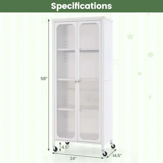 Costway Storage Cabinet with Wheels & 2 Translucent Doors Adjustable Shelves Sideboard 24" x 14.5" x 58" {3}