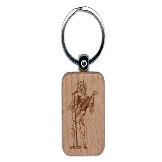 Musician Rockstar Singer with Guitar Engraved Wood Rectangle Keychain Tag Charm {1}