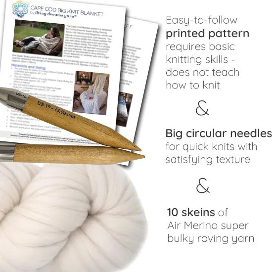 DIY Merino Wool Blanket Knitting Kit: Soft and Thick #7 Weight Jumbo Yarn, Knitting Needles and Pattern. Soft, Cozy, Great for Gifts Natural White {2}