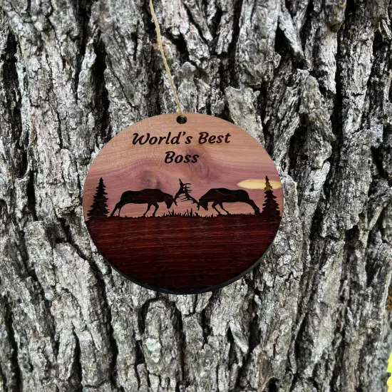Worlds Best Boss Elk Battle - Cedar Ornament {3}