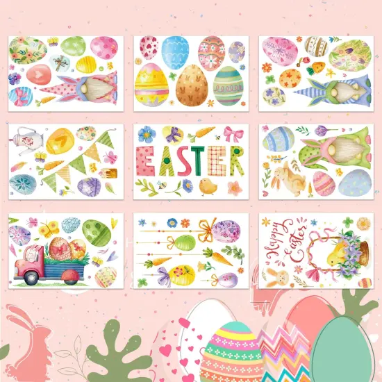 Easter Decorations Window Clings Decals Decor, 9 Sheets Large Easter Eggs Flowers Bunny Party Supplies Gifts, Double Sided Spring Window Clings Decorations for Kids School Home Office {3}