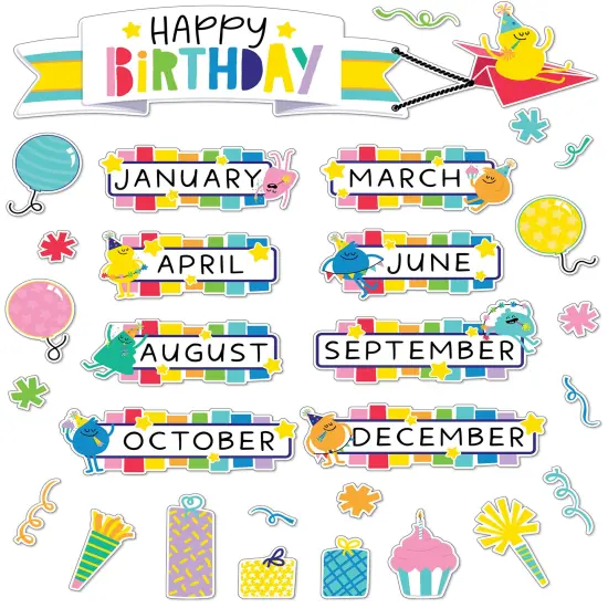 Carson Dellosa Happy Place 73 pc Bundle of Birthday Decorations, Monthly Calendar Headers, Confetti, Cupcakes, Presents, and Balloon Cutouts for Party, Classroom, Bulletin Board, and Wall Decor {1}