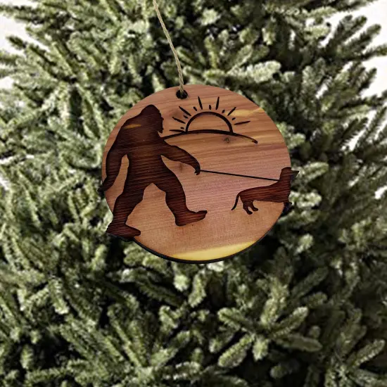 Sasquatch walking his dog - Cedar Ornament {2}