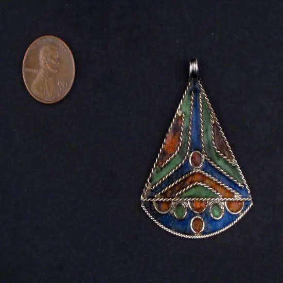 The Bead Chest Triangle Sail Enameled Berber Pendant 40mm Morocco African Multicolor White Metal Large Hole Handmade {2}