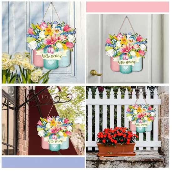Spring Welcome Sign Wood Front Door Decor Hanging Outdoor Wooden Decorations for Farmhouse Porch Decoration (Flower Style) {4}