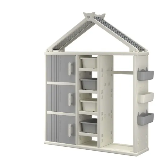 Costway Kids Costume Storage Closet Children Pretend Dresser with Storage Bins Shelves Grey/Pink/White {7}