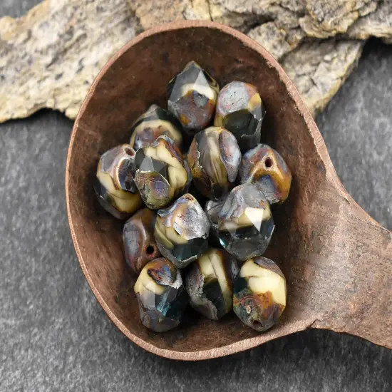 *15* 9mm Blended Aqua Ivory Picasso Central Cut Round Beads {4}