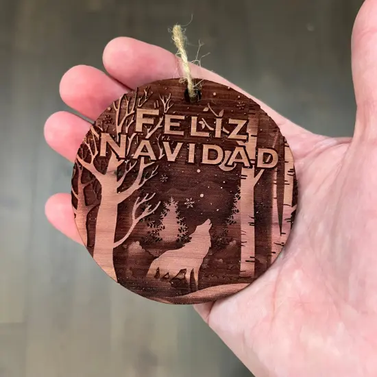 Feliz Navidad Winter Wolf - cedar ornament {4}