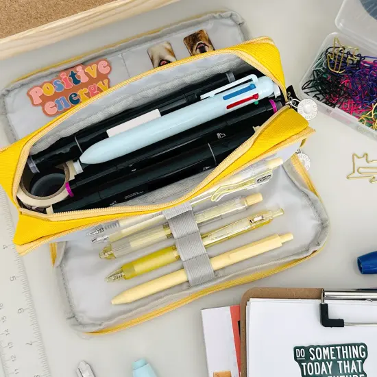 Wrapables Large Capacity Pencil Case, 3 Compartment Pencil Pouch for Stationery Pens, Yellow {6}