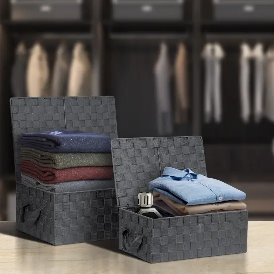 Sorbus Woven Basket Bin Set - Shelf Storage Tote Baskets for Household Items - Stackable with lid, Woven Straps and built-in Carry Handles (3 Pack) Gray {5}