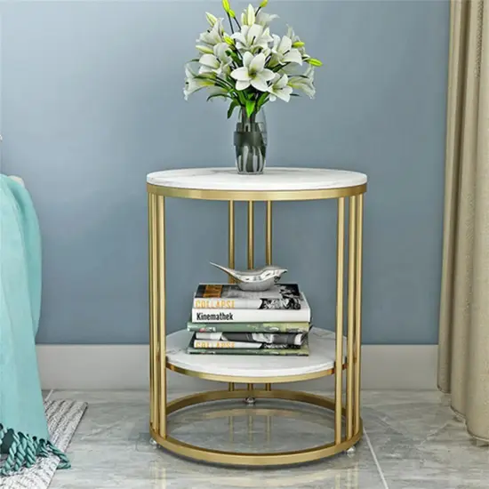 Delicate 2 Tier Gold Side End Table Marble Round Accent Furniture Bedside Table {3}