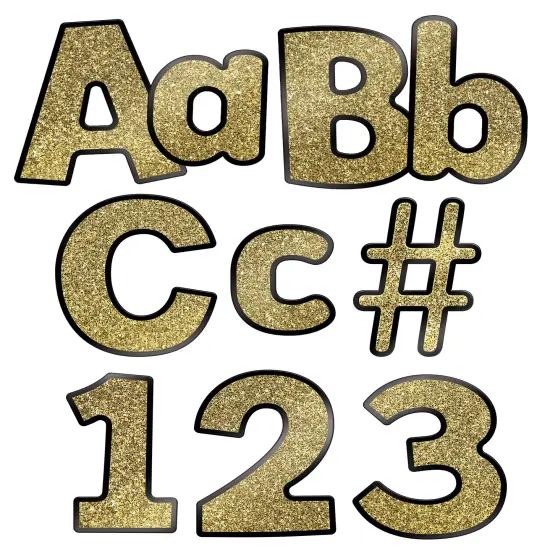 Carson Dellosa 219-Piece Gold Glitter Cutout Letters, 4" Upper and Lowercase Alphabet, Numbers, Punctuation, and Symbols for Bulletin Board, Posterboard, Party, and Classroom Decor {1}