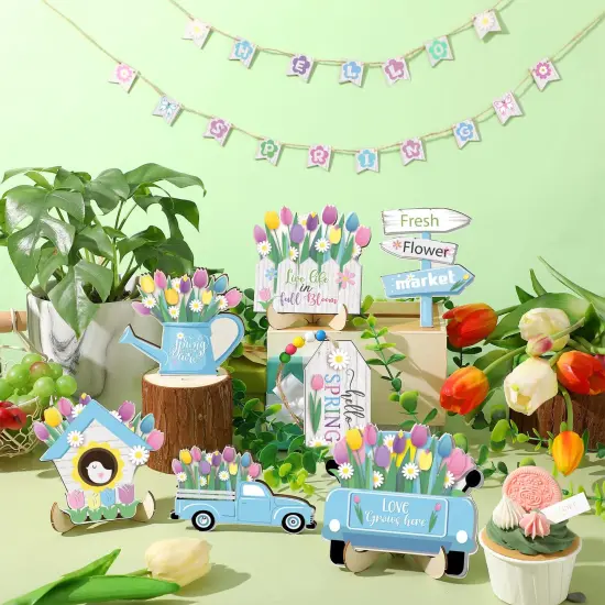 Hello Spring Tiered Tray Decor Tulips Table Wooden Sign Decorations Flower Market Tabletop Rustic Farmhouse Decor for Spring Holiday Party Home Kitchen (Tulip Style) {6}