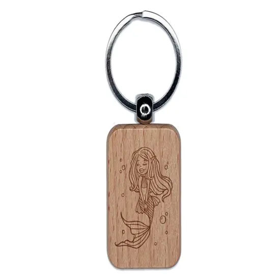 Mermaid With Flowy Hair and Tail Engraved Wood Rectangle Keychain Tag Charm {1}